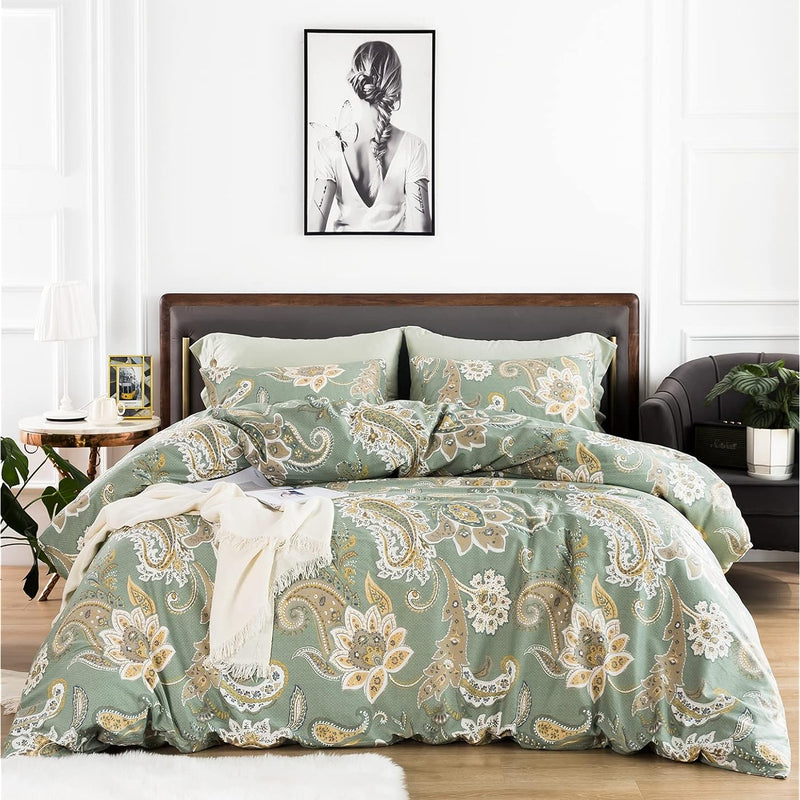 Green Paisley Duvet Cover Queen 100% Cotton Vintage Boho Floral Duvet Cover 3