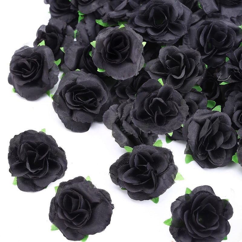 50Pcs Black Roses Artificial Flowers Bulk, 1.6 Inch Small Silk Fake Roses Flow