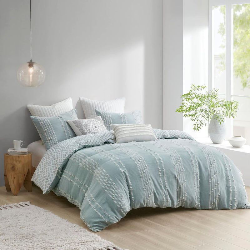 100% Cotton Comforter Set Trendy Stripe Textured Design, Modern Down Alternati