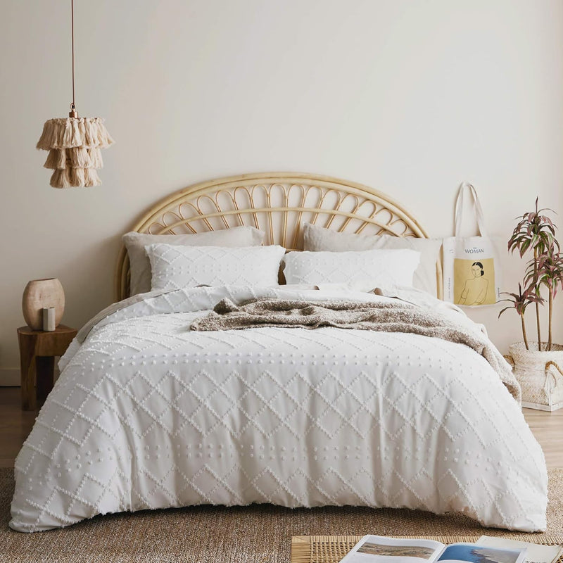 Tufted Duvet Cover Set - 3 Pieces Embroidery Shabby Chic Boho Duvet Cover Quee