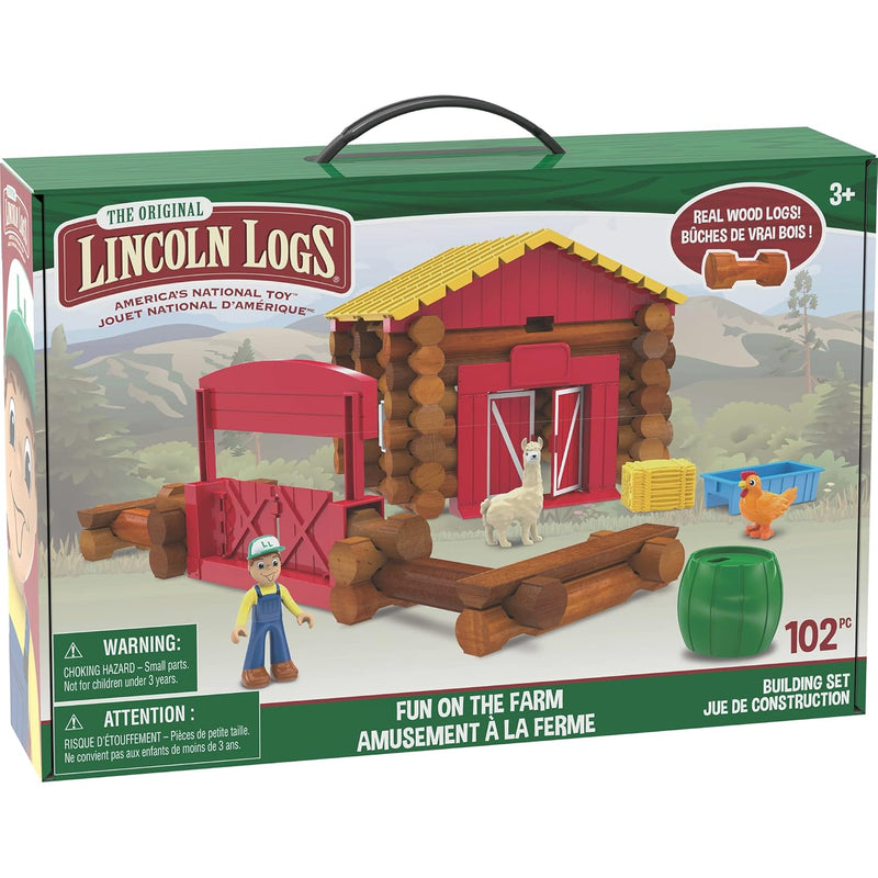 LINCOLN LOGS – Fun On The Farm - 102 Parts - Real Wood Logs - Ages 3+ - Bes