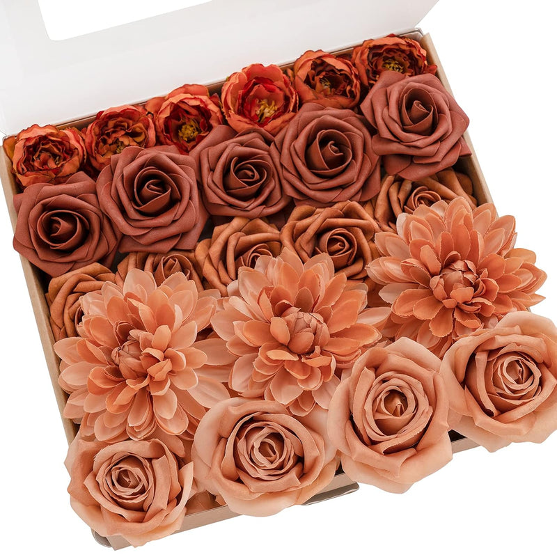 Burnt Orange & Terracotta Artificial Flowers And Greenery Combo Box Set, Fake
