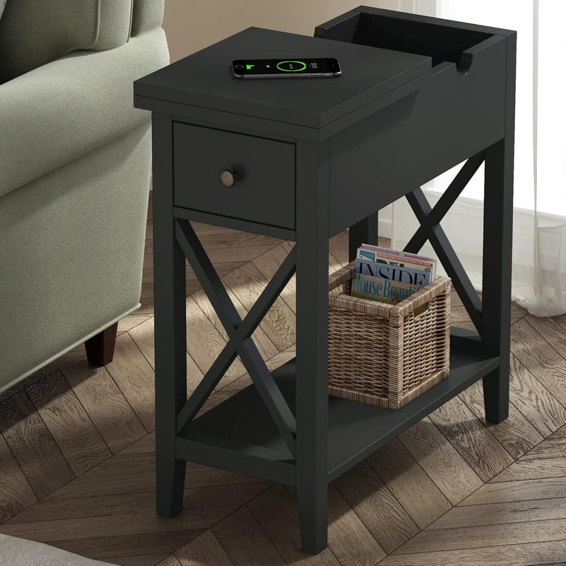Black End Table, Flip Top Narrow Side Table For Small Spaces, Accent Nightstan