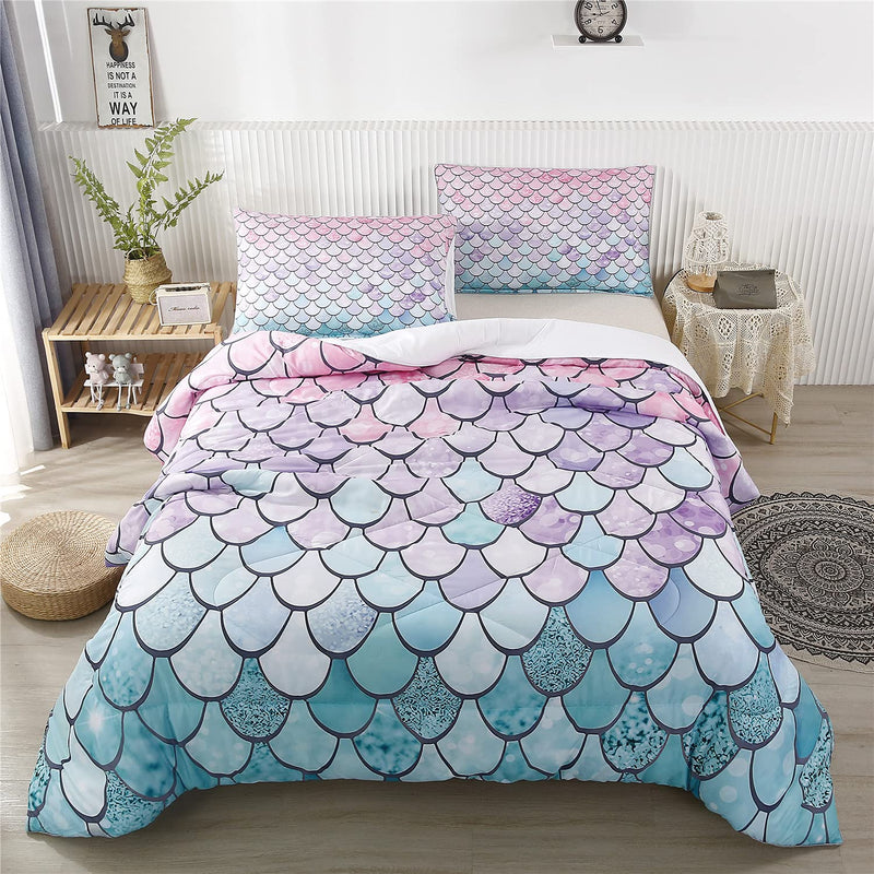 2Pcs Colorful Mermaid Scale Print Comforter Bedding Set Twin Size, Soft Microf