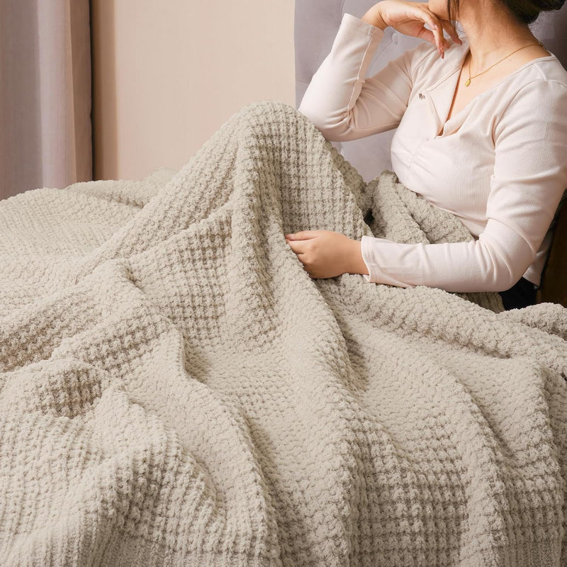 Chenille Waffle Knit Blanket Twin Size- Plush Warm & Cozy 60" X 80" Ultra Soft