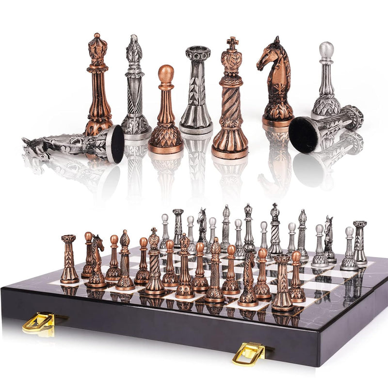 Retro Metal Chess Set for Adults and Kids – Marbling Chess Board with Chess