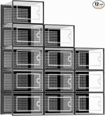 X-Large Shoe Storage Boxes Organizers Clear Plastic Stackable 12 Pack, Shoe Rack & Holder Substitute, Sneaker Containers, Toy Storage Organizer Bins for Entryway, Closet, Under Bed, Black