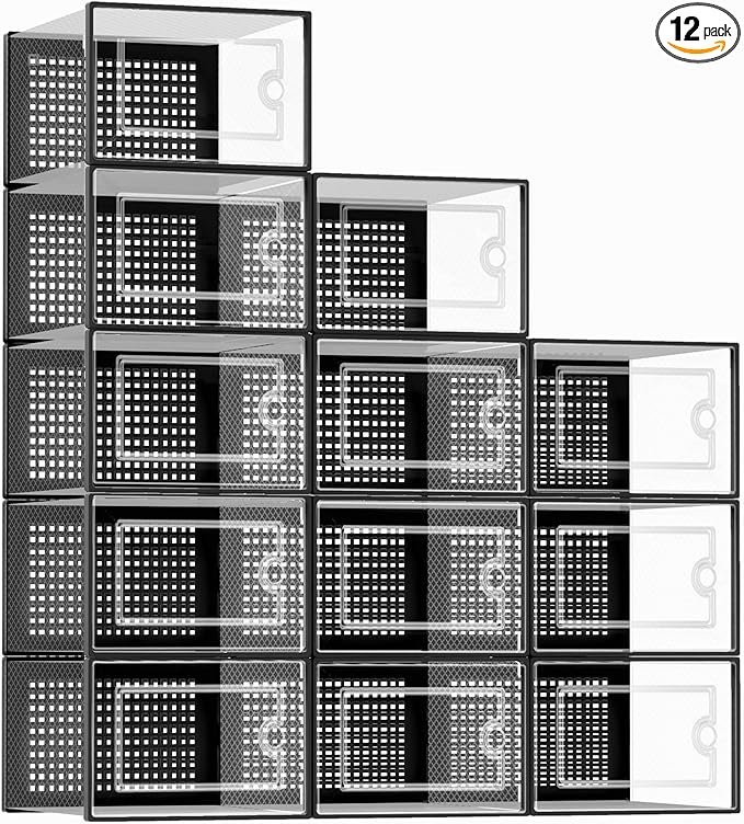 X-Large Shoe Storage Boxes Organizers Clear Plastic Stackable 12 Pack, Shoe Rack & Holder Substitute, Sneaker Containers, Toy Storage Organizer Bins for Entryway, Closet, Under Bed, Black