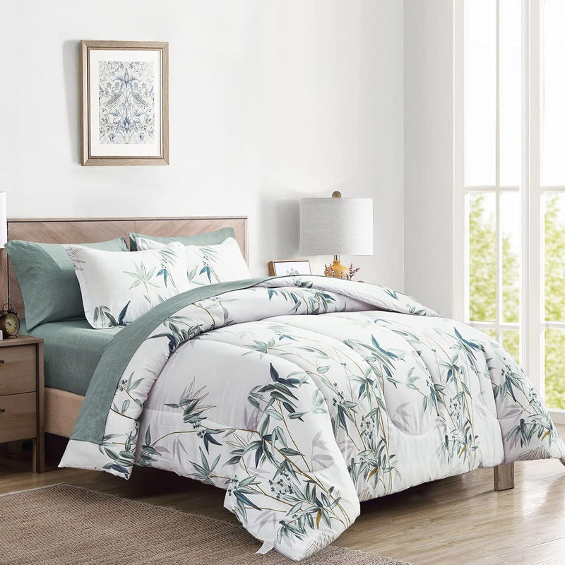 Botanical Bed In A Bag 7 Piece Queen Size, Green Leaves On White, Soft Microfi