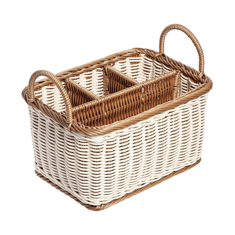 Silverware Caddy 4- Compartment Storage Basket Woven Rattan- Desktop Basket Rect