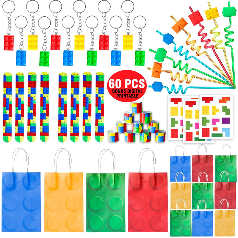 60 Pcs Building Blocks Party Favors For Kids, Set Of 12 Brick Style Keychai