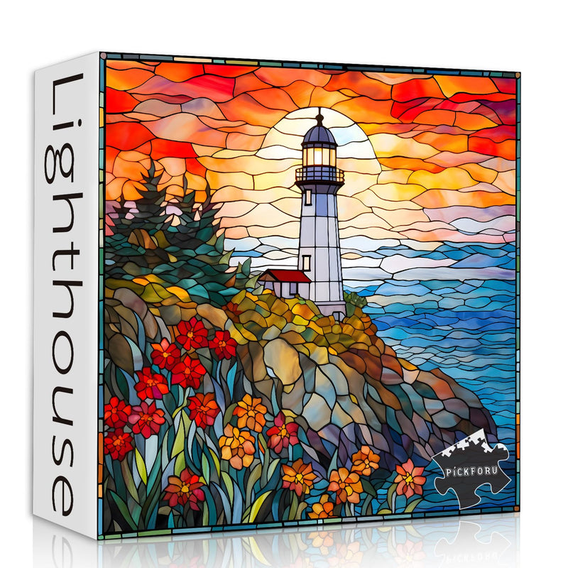 Stained Glass Lighthouse Puzzles For Adults 1000 Piece, Mosaic Beach Puzzle