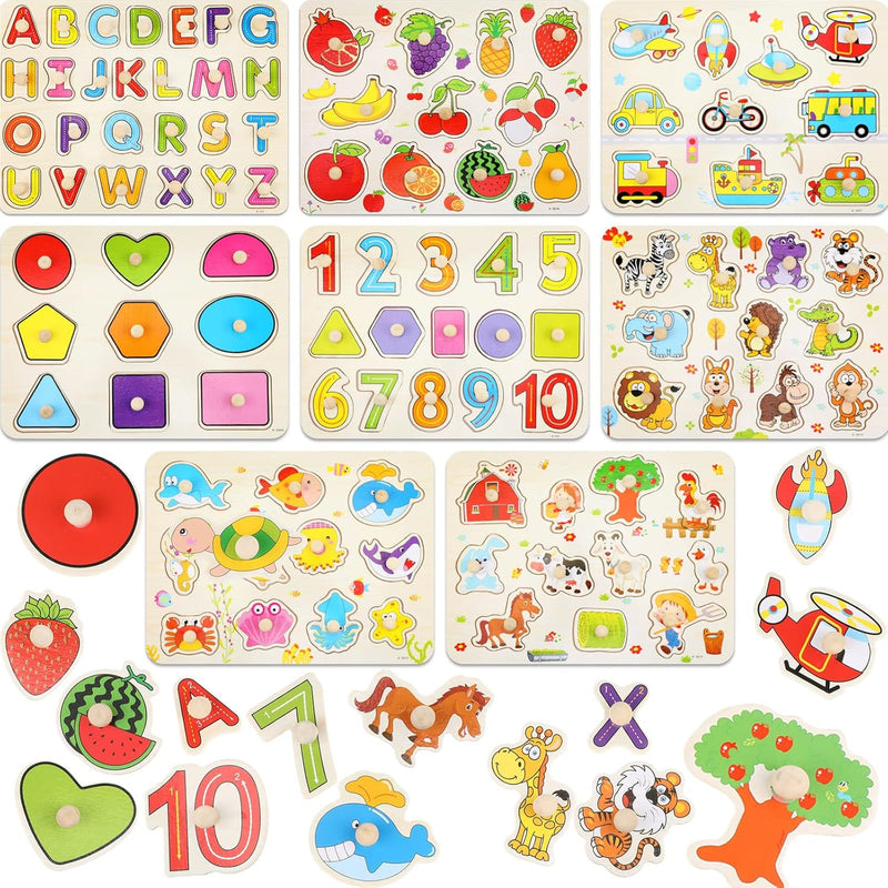 8 Set Wooden Peg Puzzles for Toddlers 2-4 Years Alphabet Number Animal Vehi