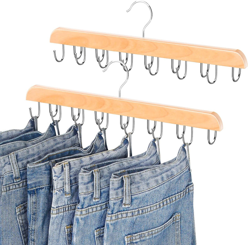 Jean Hangers for Closet, 14 Wood Jeans Hooks Space Saving, 180° Rotating Jean Hangers Holder for Jeans/Skirts/Shorts/Belts/Ties, Closet Organizers and Storage, Pants Hooks for Jeans, 2 Pack, Natrual