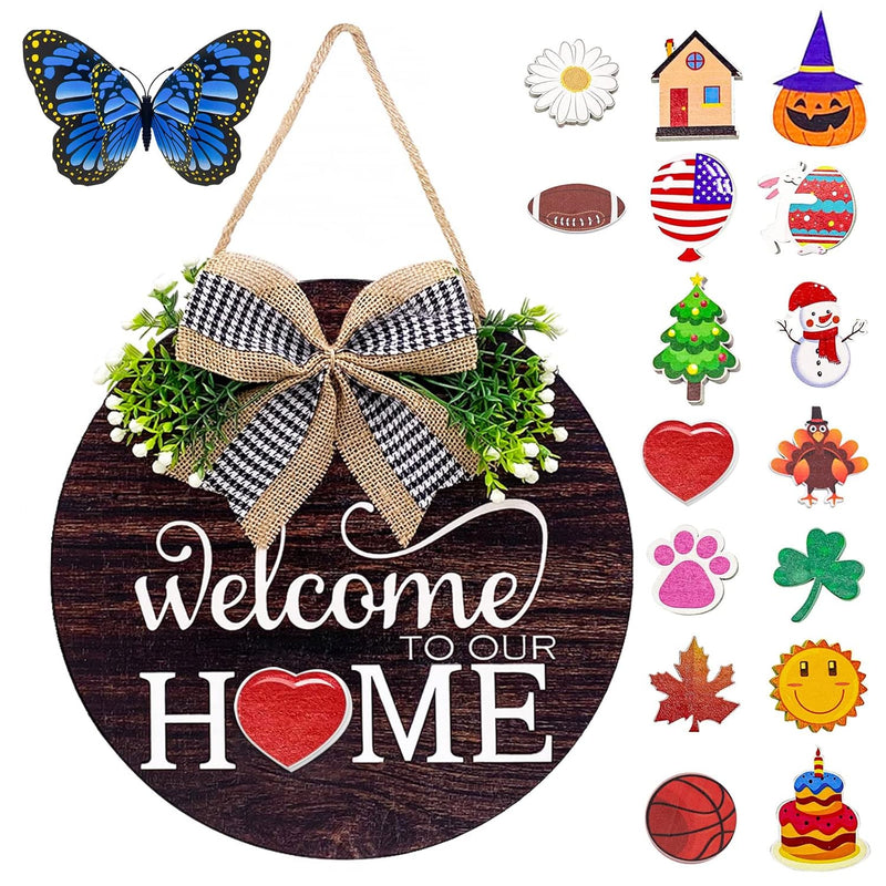 Interchangeable Welcome Sign Wreaths For Front Door - Seasonal Round Wood Door
