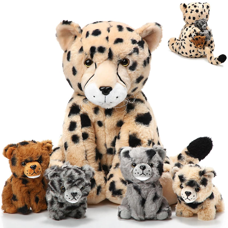 5 Pcs Cheetah Stuffed Animals Set Large Mommy Cheetah Plush With 4 Soft Cud