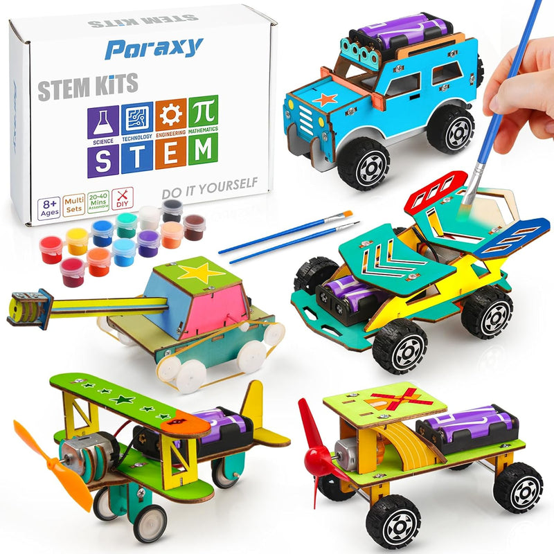 Poraxy STEM Kits for Kids Age 8-10, 5 Set Wooden Model Car Kits, STEM Toys