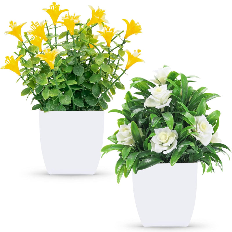 2 Packs Fake Plants Mini Artificial Faux Plants With Flowers For Home Office T
