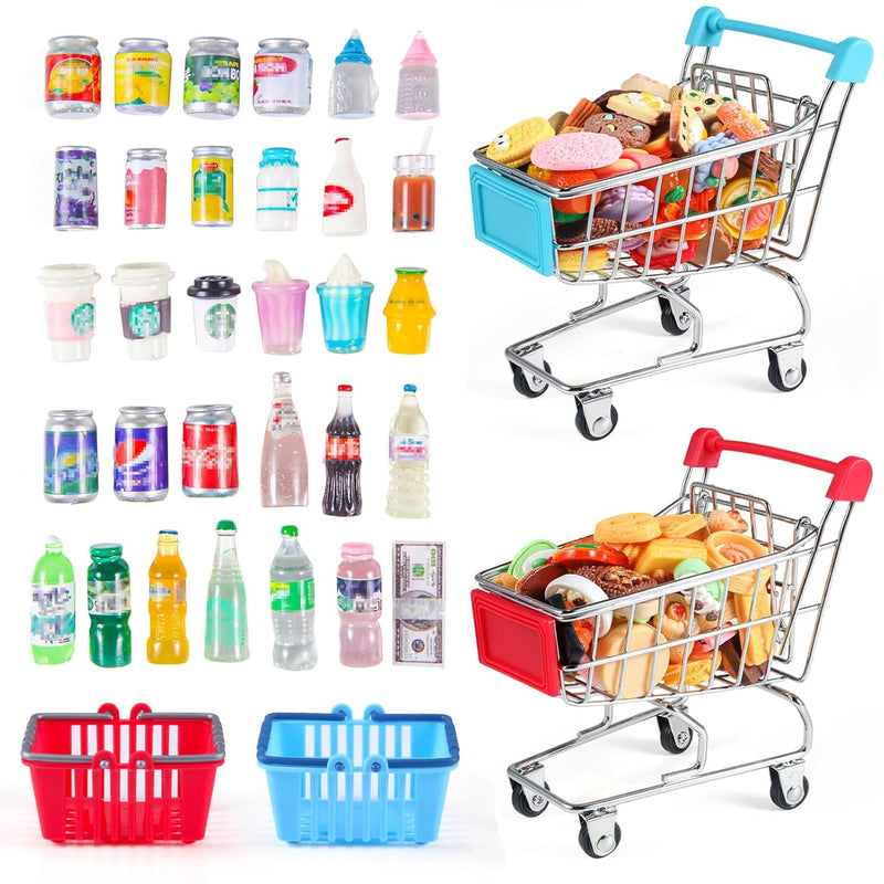 134Pcs Mini Shopping Cart Basket Miniature Food Drink Bottle Supermarket Metal