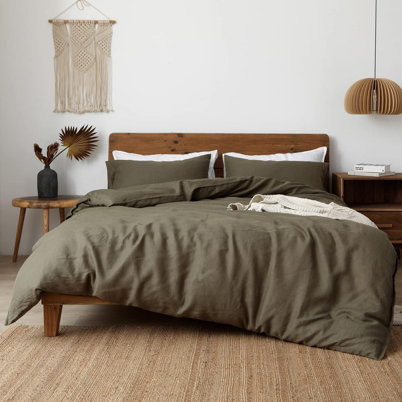 100% Natural French Flax Linen Duvet Cover King, Olive Green Cooling Duvet Cov