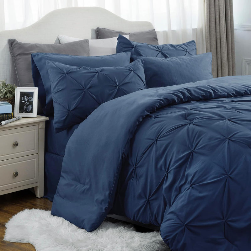 King Size Comforter Set - Bedding Set King 7 Pieces, Pintuck Bed In A Bag Navy Blue Bed Set With Comforter, Sheets, Pillowcases & Shams