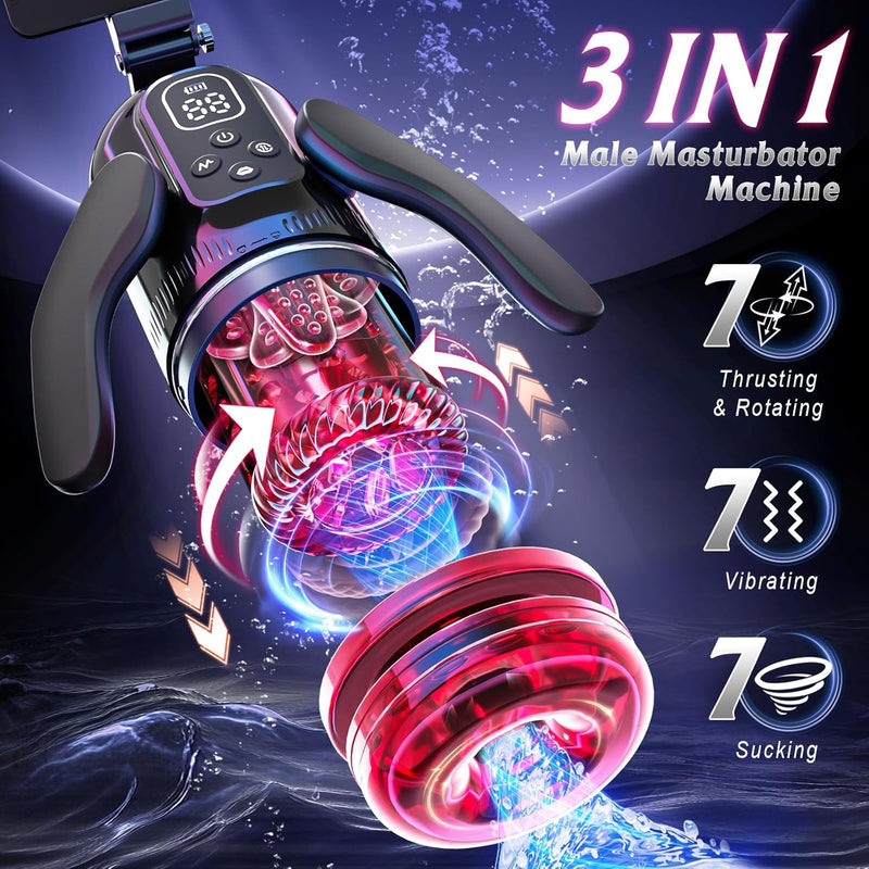Male Masturbator With Phone Holder - Sex Toys For Men With 7 Thrusting & Rotating Modes, Blowjob Penis Pump With 7 Suctions, Automatic Vibrating Male Masturbation Stroker With Dual Handles