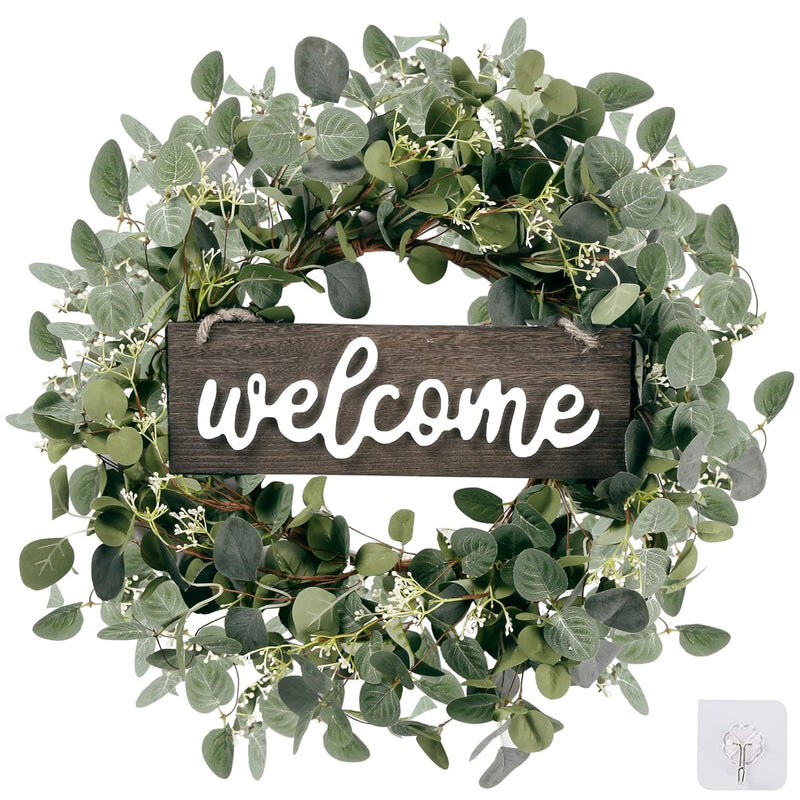 Green Eucalyptus Leaf Wreath With Welcome Sign 20In Artificial Eucalyptus Wrea