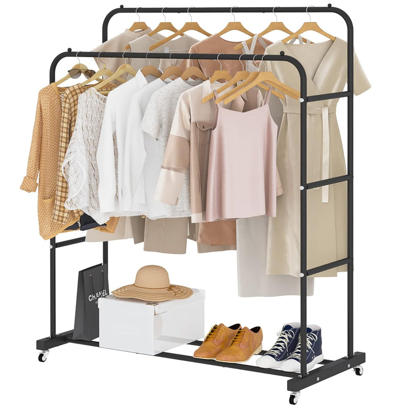 Double Rods Clothing Rack With Wheels, Garment Rack For Hanging Clothes, Multi-F