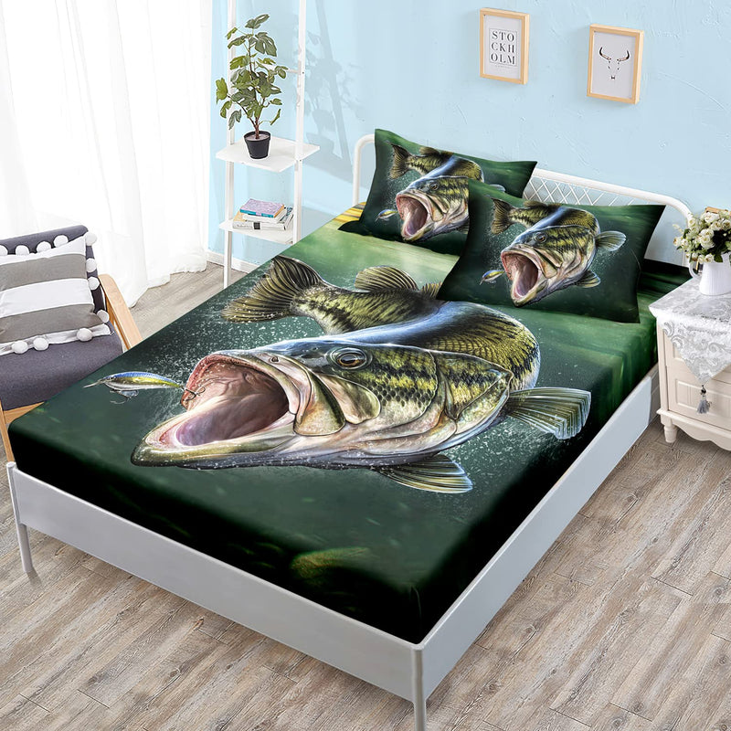 Soft Bed Fitted Sheet Full Size And Pillowcases Set,Bass Big Fish Eat Small Fi