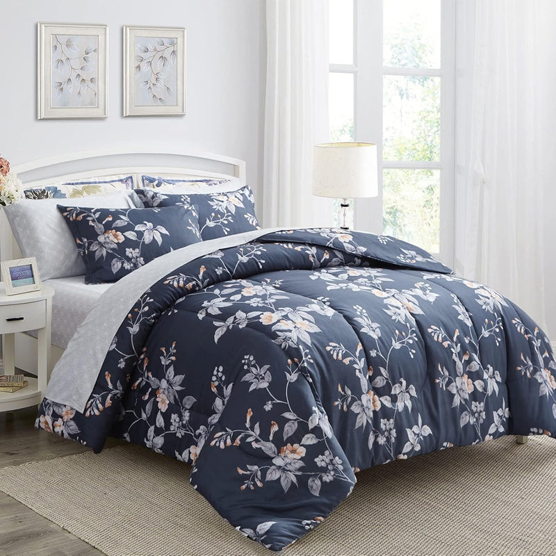 6 Piece Bed In A Bag, Floral Bedding Set Twin Size Comforter Set For All Seaso