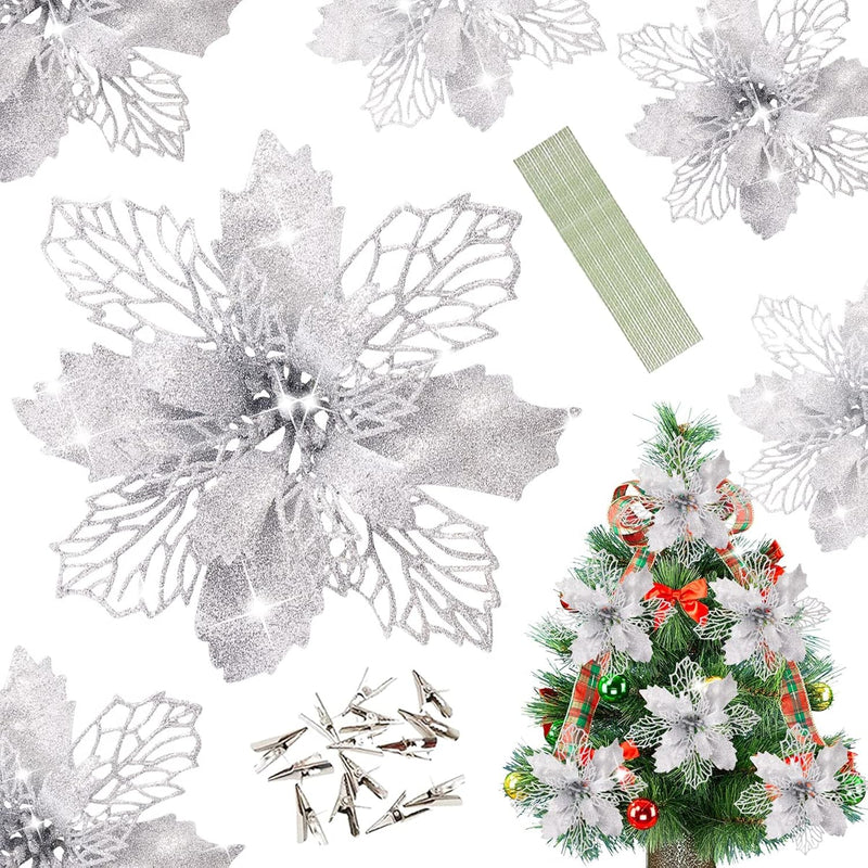 12 Pcs Glitter Silver Christmas Flowers Christmas Tree Christmas Wreath Access