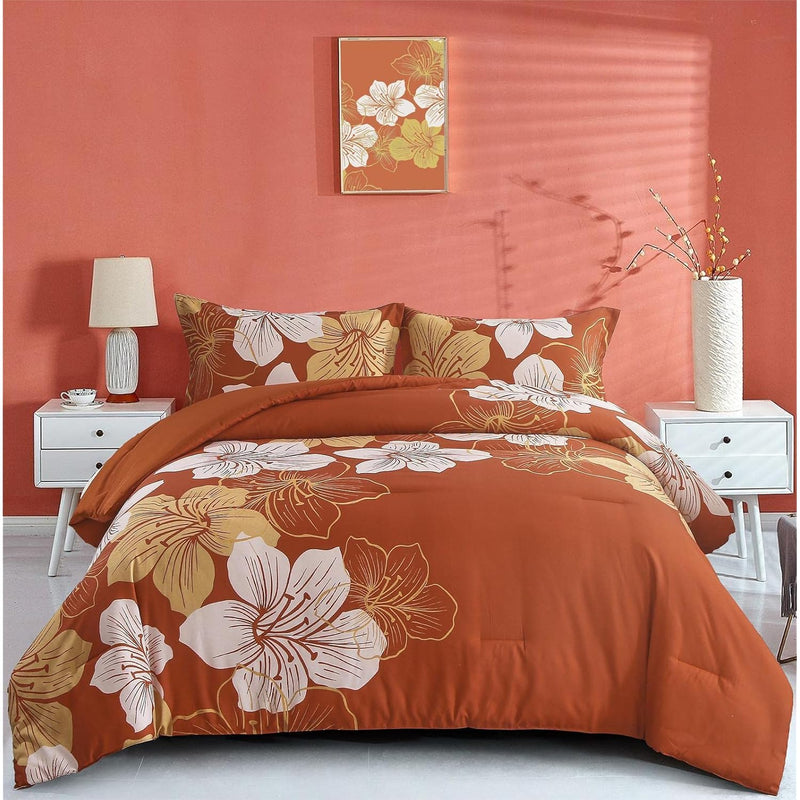 Terracotta Floral Comforter Set King Soft Comforter Reversible Botanical Beddi