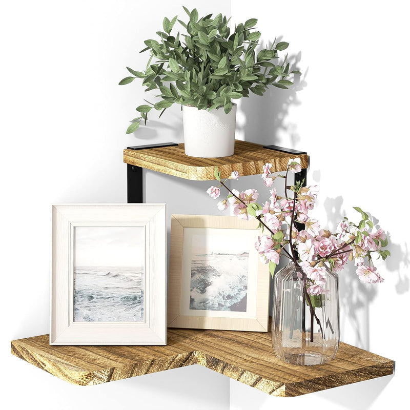 Rustic Corner Shelf, 2-Tier Wood Wall Shelf, Wall Mounted Storage Shelves For