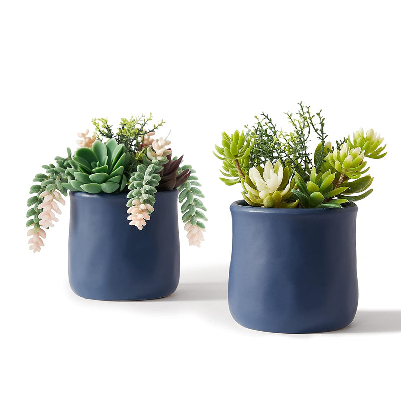 Artificial Succulent In Ceramic Pots, 2 Packs Large Faux Fake Plants Navy Blue