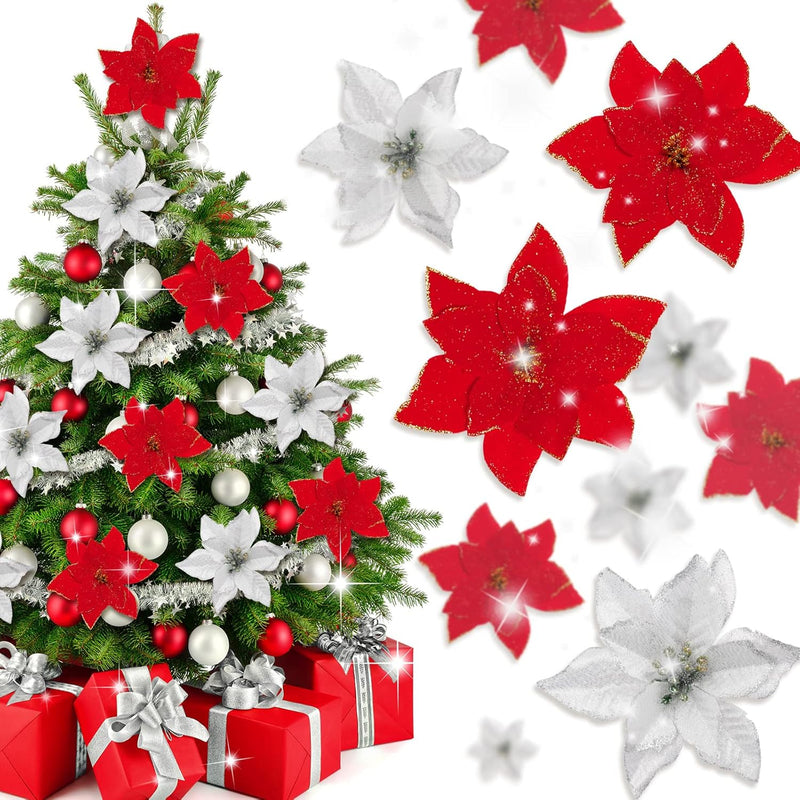 40Pcs Poinsettia Artificial Christmas Flowers With 40Pcs Clips And 40Pcs Stems
