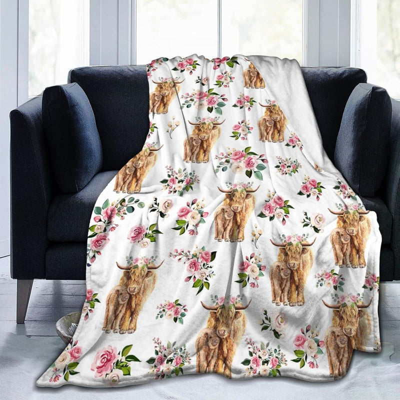Highland Cow Blanket Cute Flower Animal Cow Throw Print Blanket Soft Flannel P