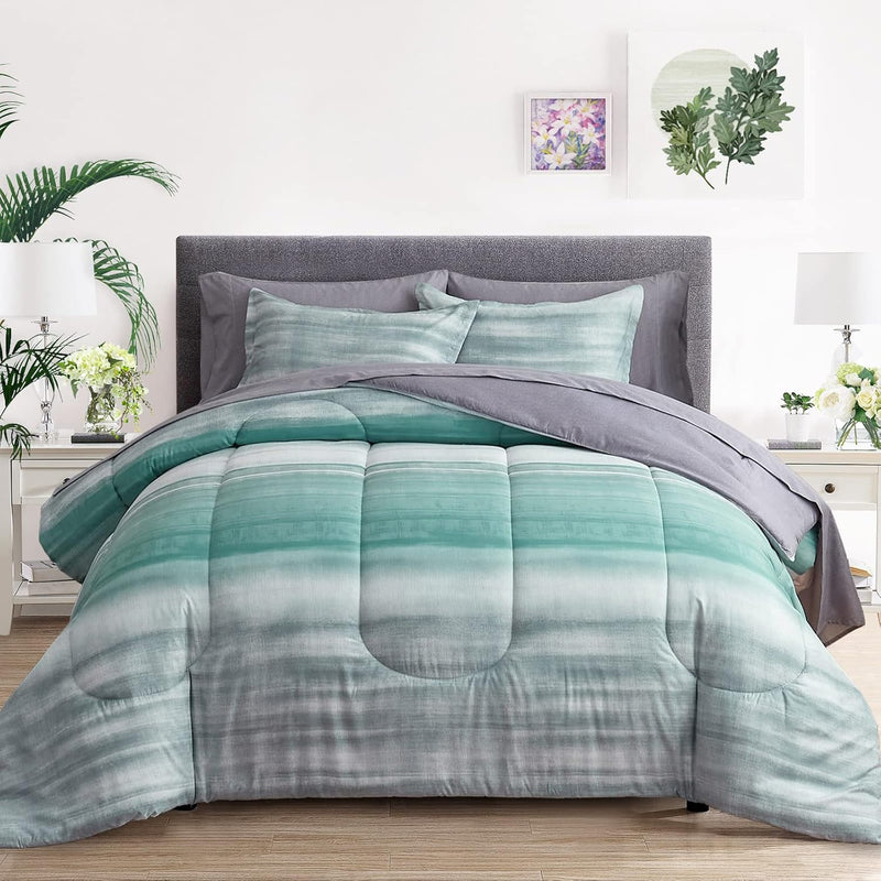 6 Piece Bed In A Bag Twin, Light Gray Stripes Reversible Design, Microfiber Co