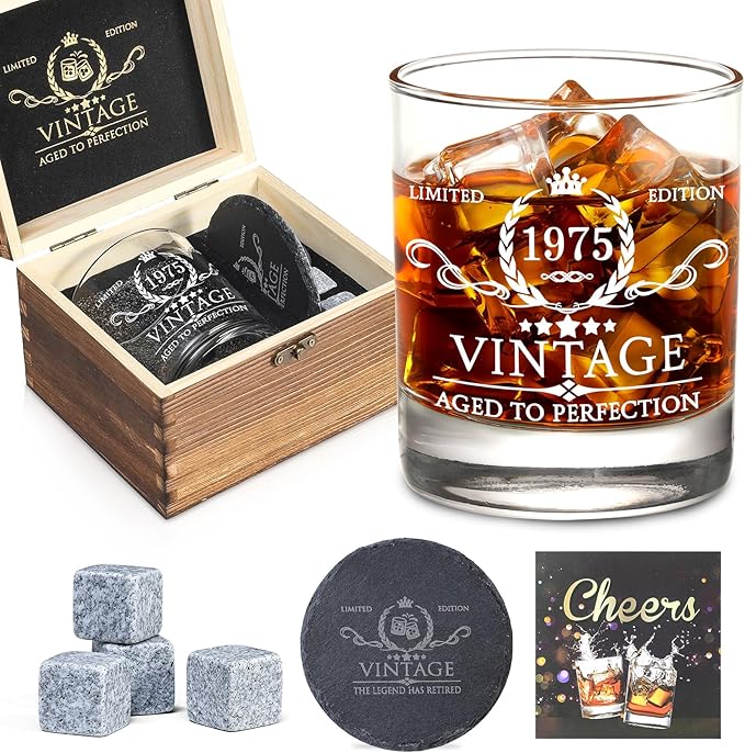 50th Birthday Gifts for Men Whiskey Glass Set - 50th Birthday Decorations, Party Supplies - 50 Year Anniversary, Bday Gifts Ideas for Him, Dad, Husband, Friends - Wood Box & Whiskey Stones & Coaster