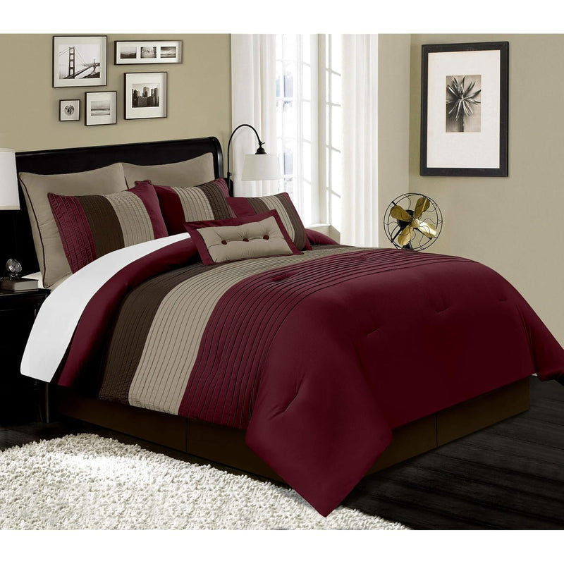 Loft 8-Piece Luxury Striped Comforter Set (Queen, Burgundy/Coffee/Brown)