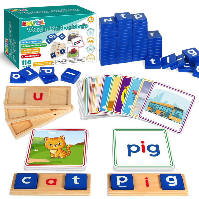 Wooden CVC Reading Spelling Game for Kids, Sight Words Flash Cards for Pres