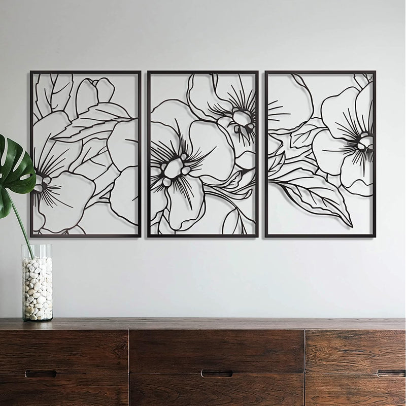 Black Minimalist Floral Single Line Metal Wall Art Decor - 18"X12" 3 Packs Bla