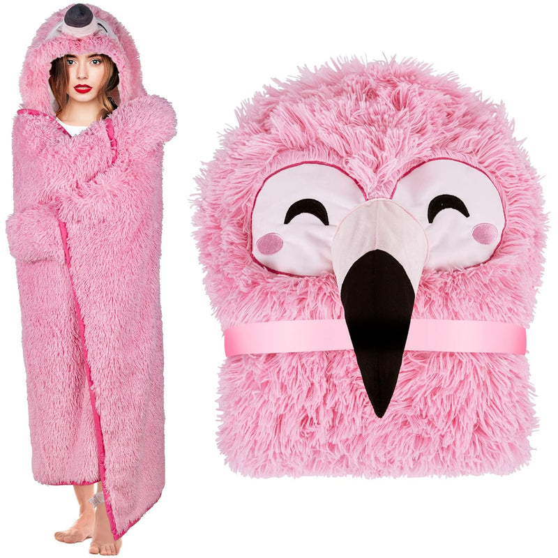 Flamingo Wearable Hooded Blanket For Adults - Fluffy Super Soft Shaggy Faux Fu