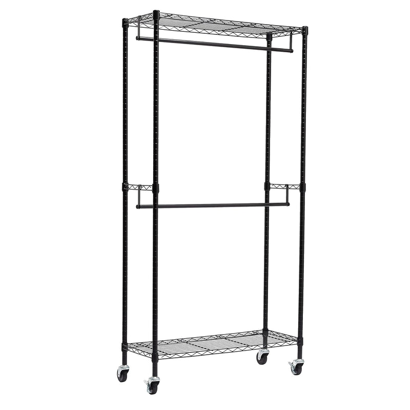 Adjustable, Double Hanging Rod Garment Rolling Closet Organizer Rack - Black, 72