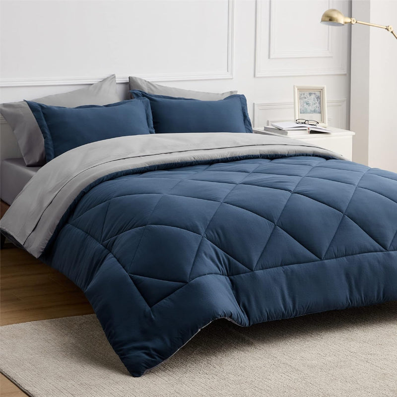 Navy Bedding Set Queen - 7 Pieces Reversible Bed Sets In A Bag With Comforters, Sheets, Pillowcases & Shams, Comforter