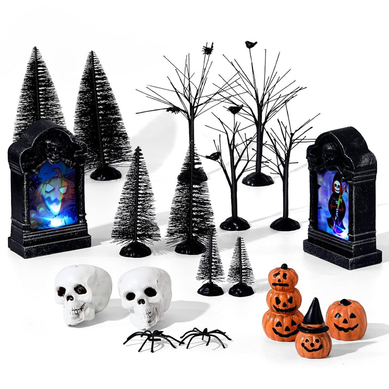 19 Pcs Halloween Village Accessories Ornaments Set Bare Branches Led Tombstone