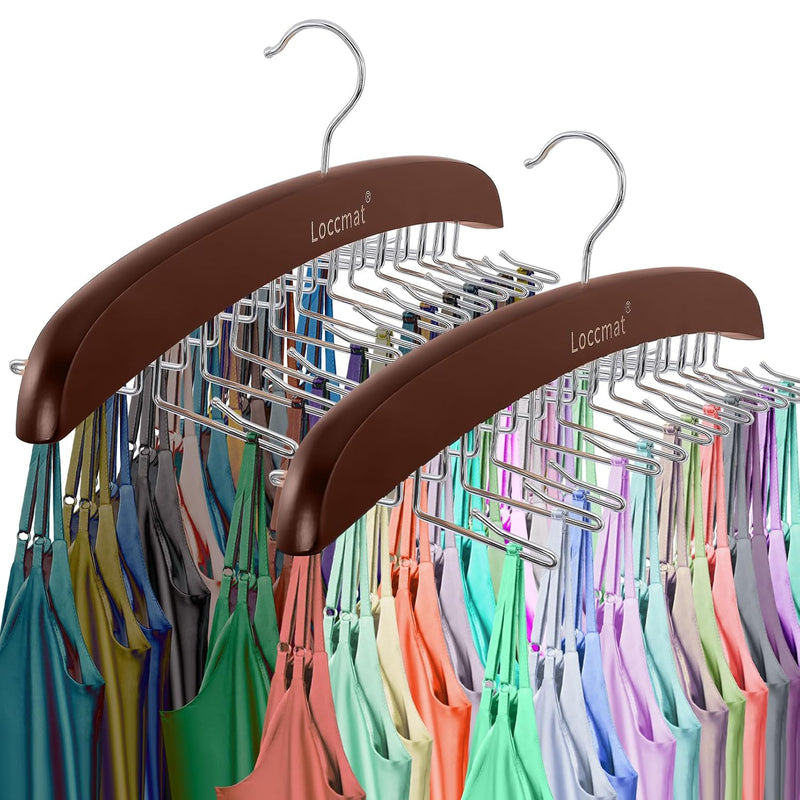 2Pcs Tank Top Hanger,Wood Bra Hanger With 24 Foldable Metal Hooks,360° Rotating