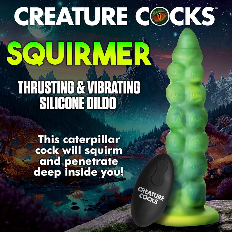 Squirmer Thrusting & Vibrating Silicone Dildo For Beginners, Men, Women, & Couples. Fantasy Dildo And Harness Compatible. Remote Control, Vibration And Thrusting. 3 Pieces, Green.