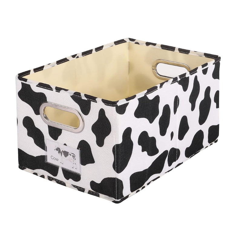 Fabric Storage Bin Cow Print Cotton Linen Foldable Open Storage Basket Box With