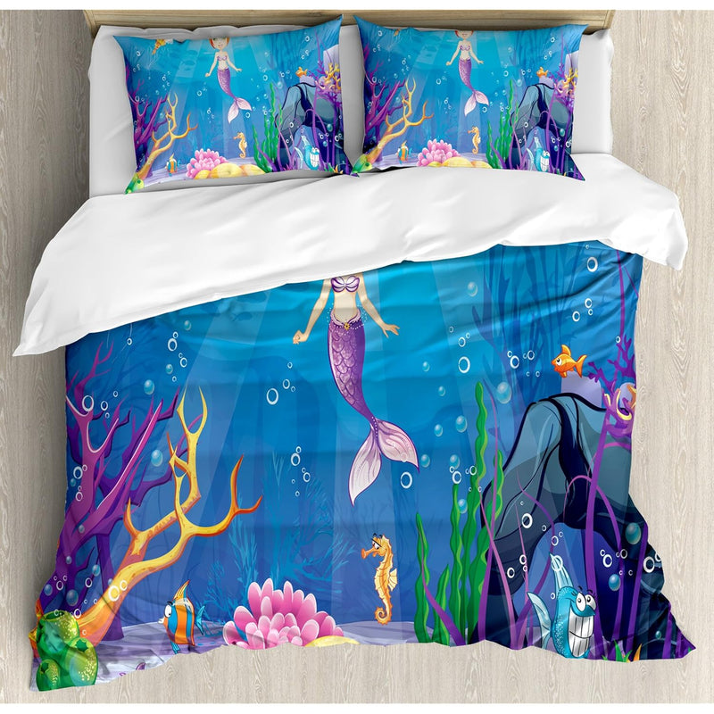 Mermaid Duvet Cover Set, Underwater World Little Girl And Different Type Of Fi