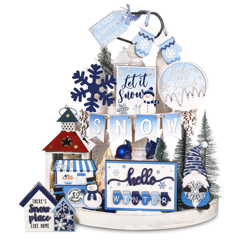 15 Pcs Christmas Tiered Tray Decor Set Hot Cocoa Wooden Signs Warm Winter Tabl